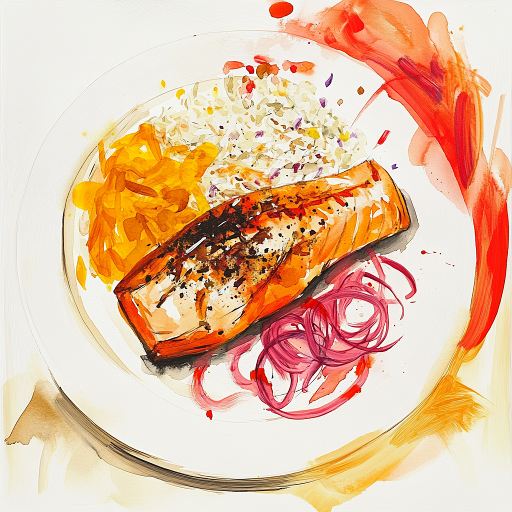 Filet de saumon aux épices, sauce laquée à l’orange et grenade, oignons rouges et fenouil au four, riz basmati.