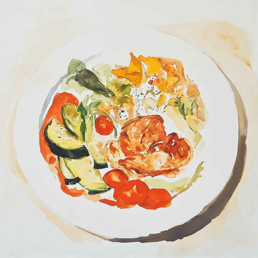 Escalope de dinde panée, sauce tomate, copeaux de parmesan, courgettes et poivrons confits, pommes de terre rôties au gros sel et romarin.