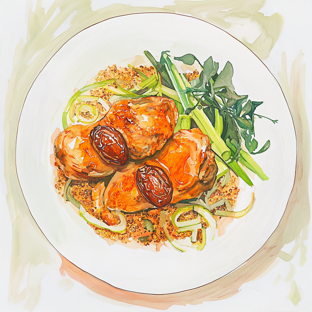 Cuisse de poulet désossée aux dattes, miel et harissa, poireaux et oignons, quinoa aux épices. (GF)