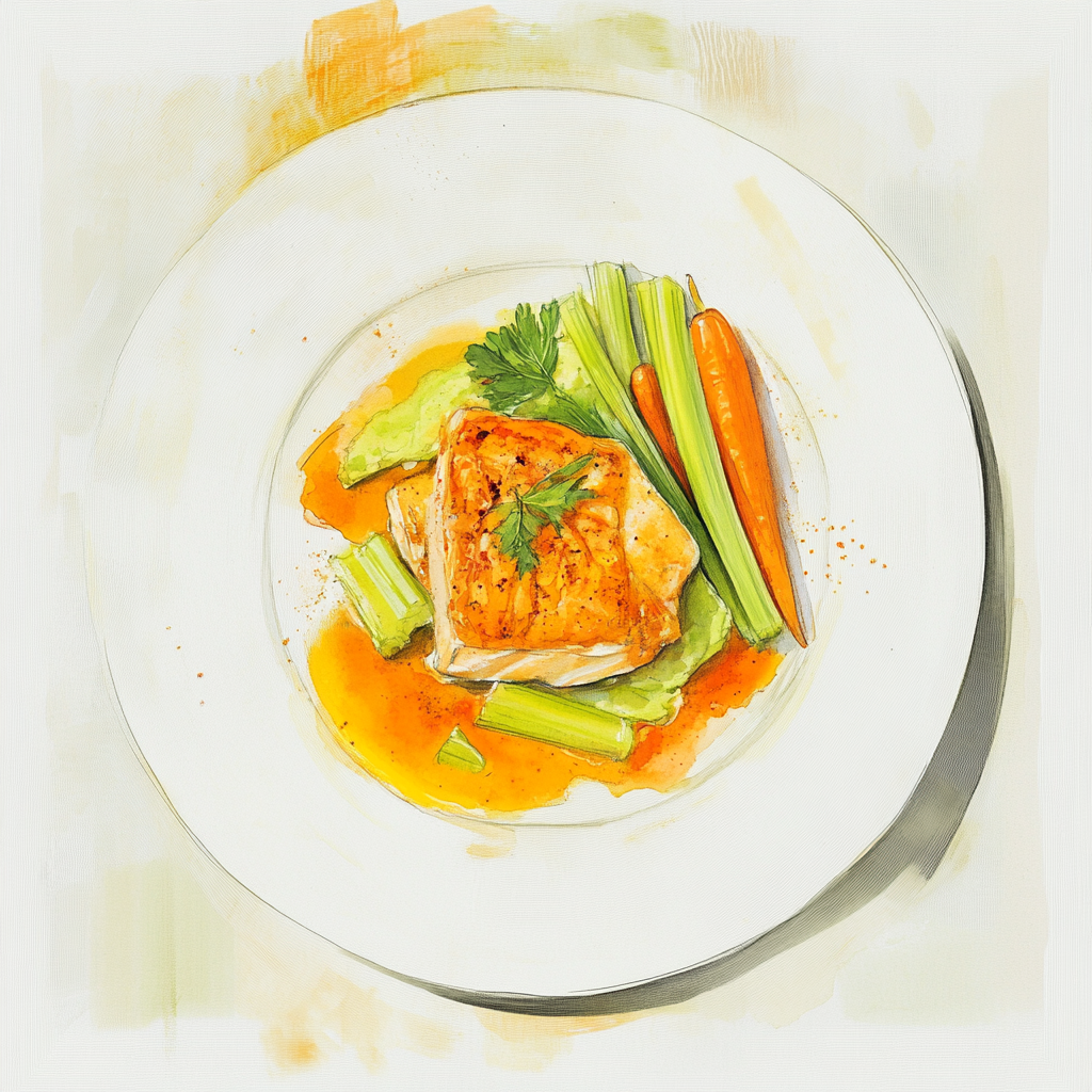 Filet de colin en croûte d’épices, sauce moutarde,jeunes carottes et céleri, purée de petits pois.