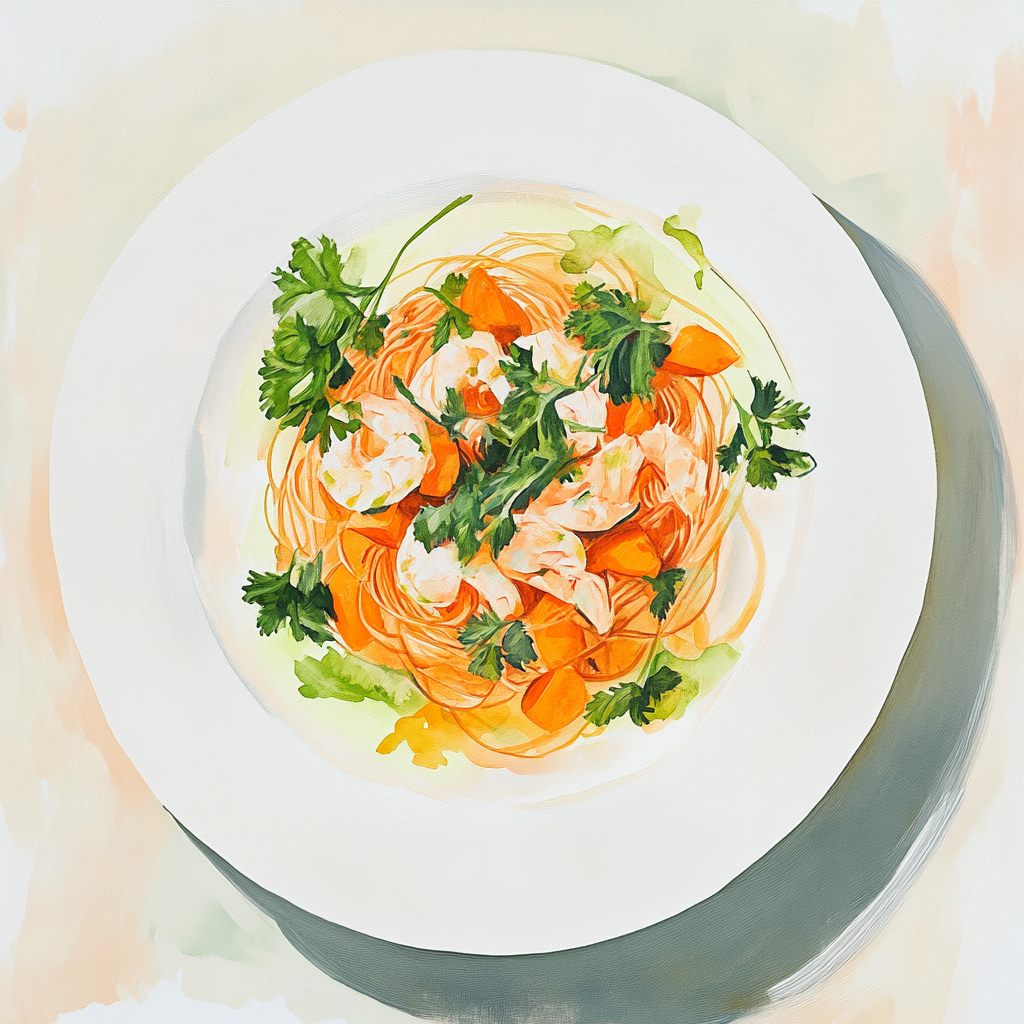 Scampis, sauce au curry doux, nouilles de verre aux légumes (courgettes, carottes) et herbes vertes.