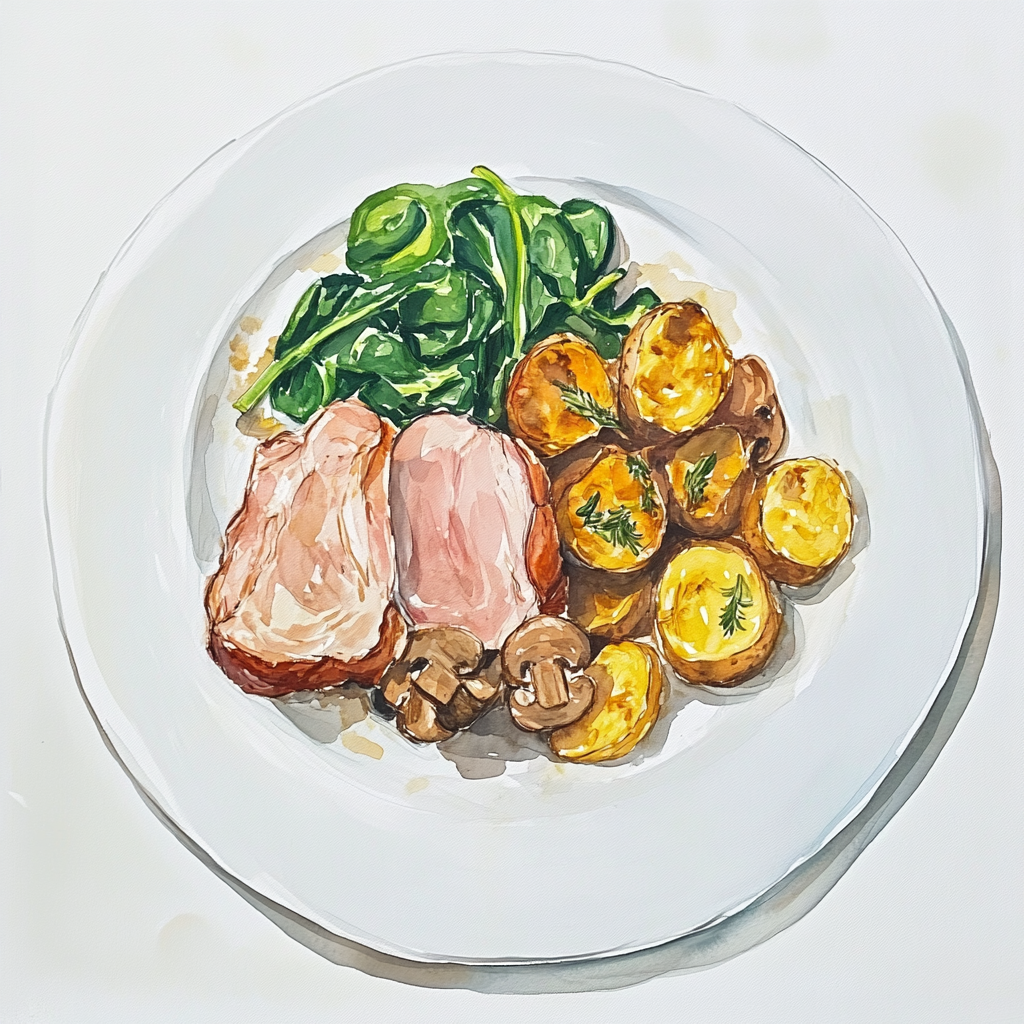 Jambon désossé, sauce aux champignons, jeunes pousses d’épinards à l’échalote, pommes de terre rôties au thym.