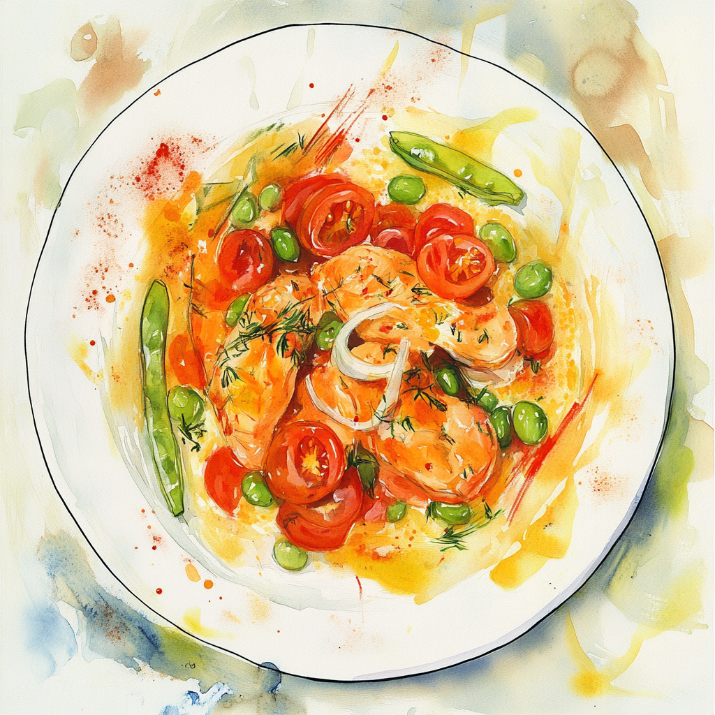 Petits suprêmes de poularde, sauce tomate et estragon, sugar snaps, edamame et oignons, polenta au parmesan.