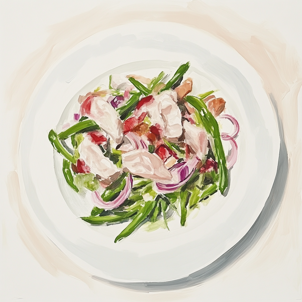 Salade liégeoise (poulet, haricots verts, bintjes, lardons, oignons rouges)
