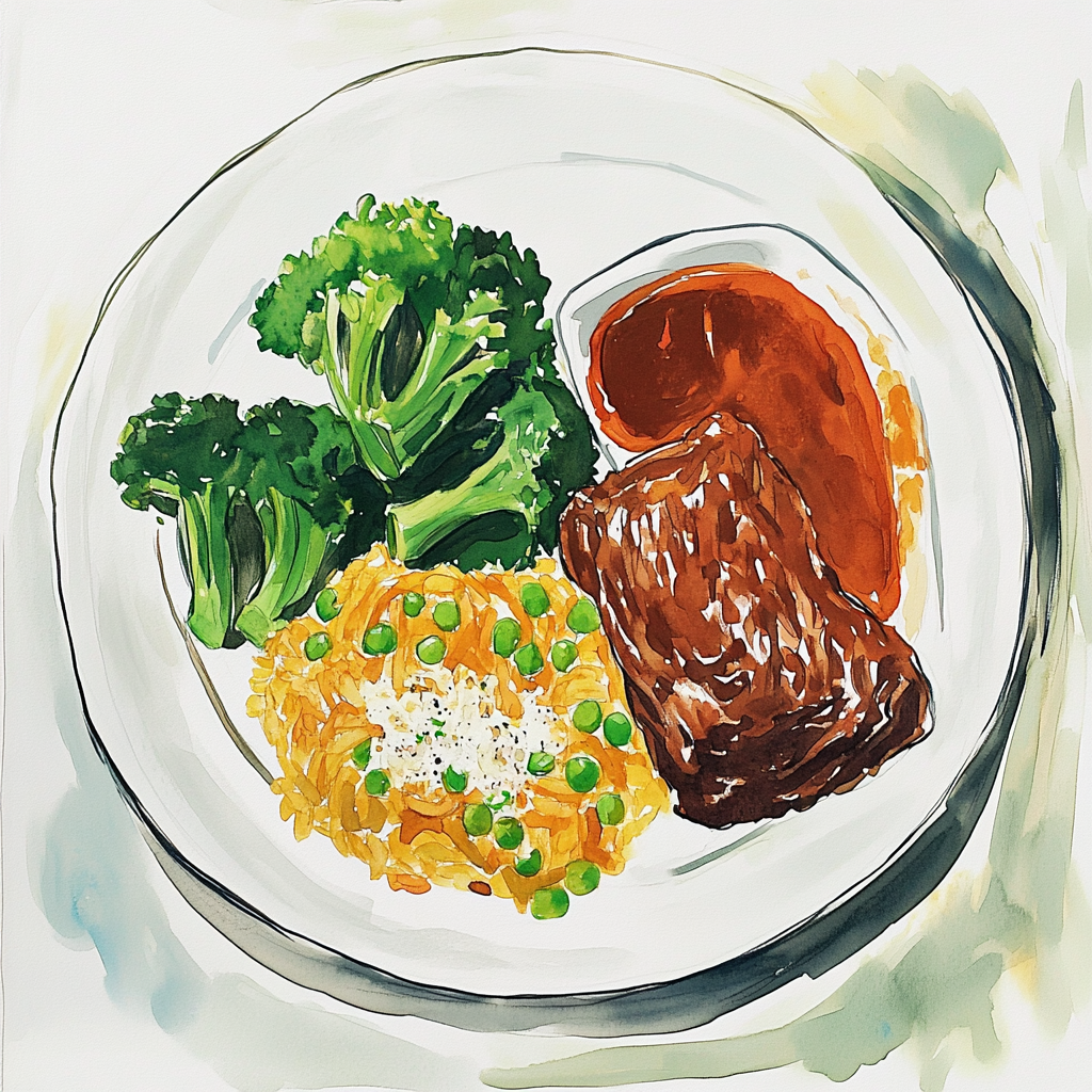 Pain de viande, jus brun, brocoli grillé, risotto aux petits pois et parmesan.