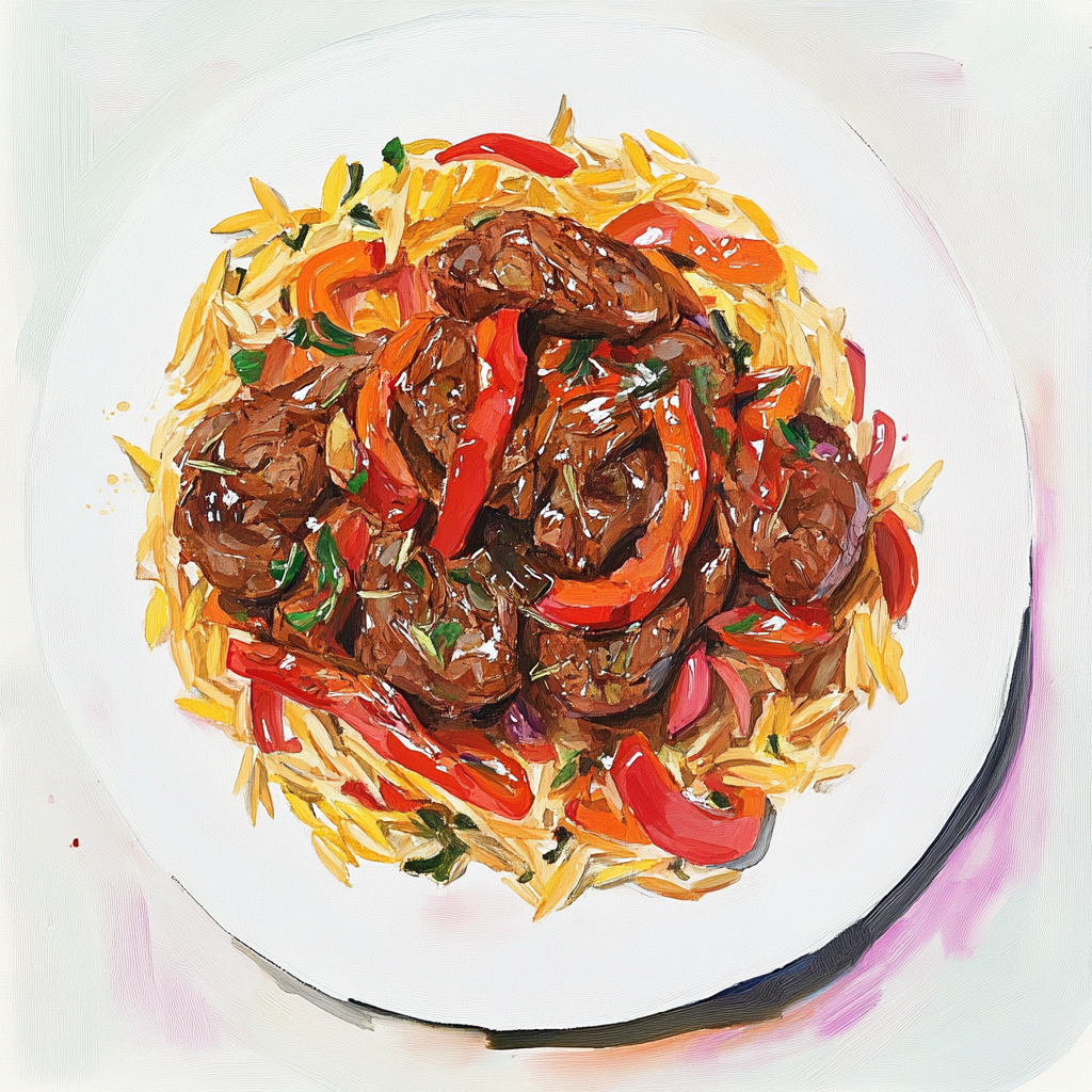 Rogan Josh d’agneau, poivrons et oignons confits, orzo aux herbes.