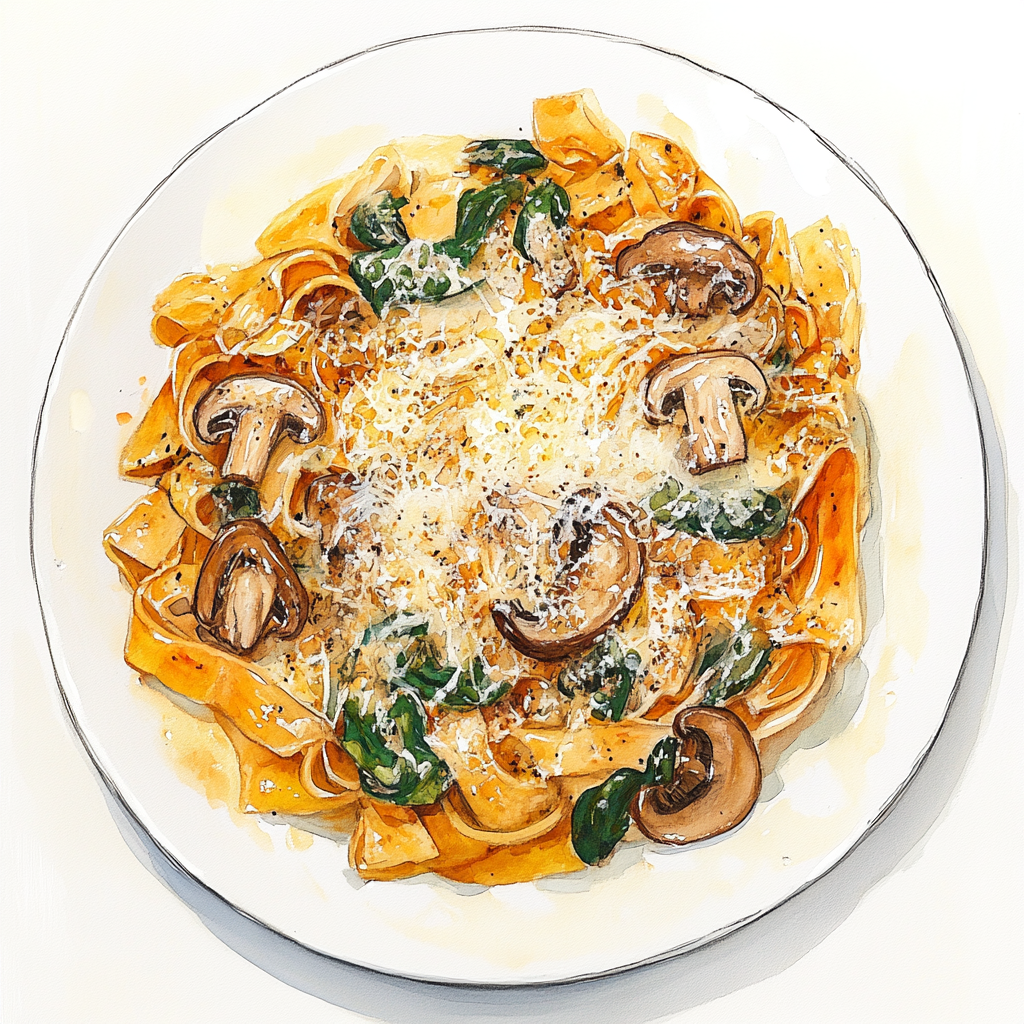 Mafalde, sauce gomae, champignons de saison au four, épinards et parmesan