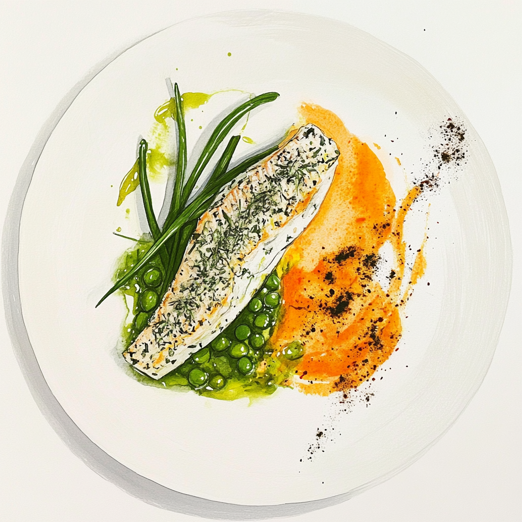 Filet de daurade en croûte d’herbes, sauce verte, haricots verts et échalotes, purée de carottes ras el hanout.