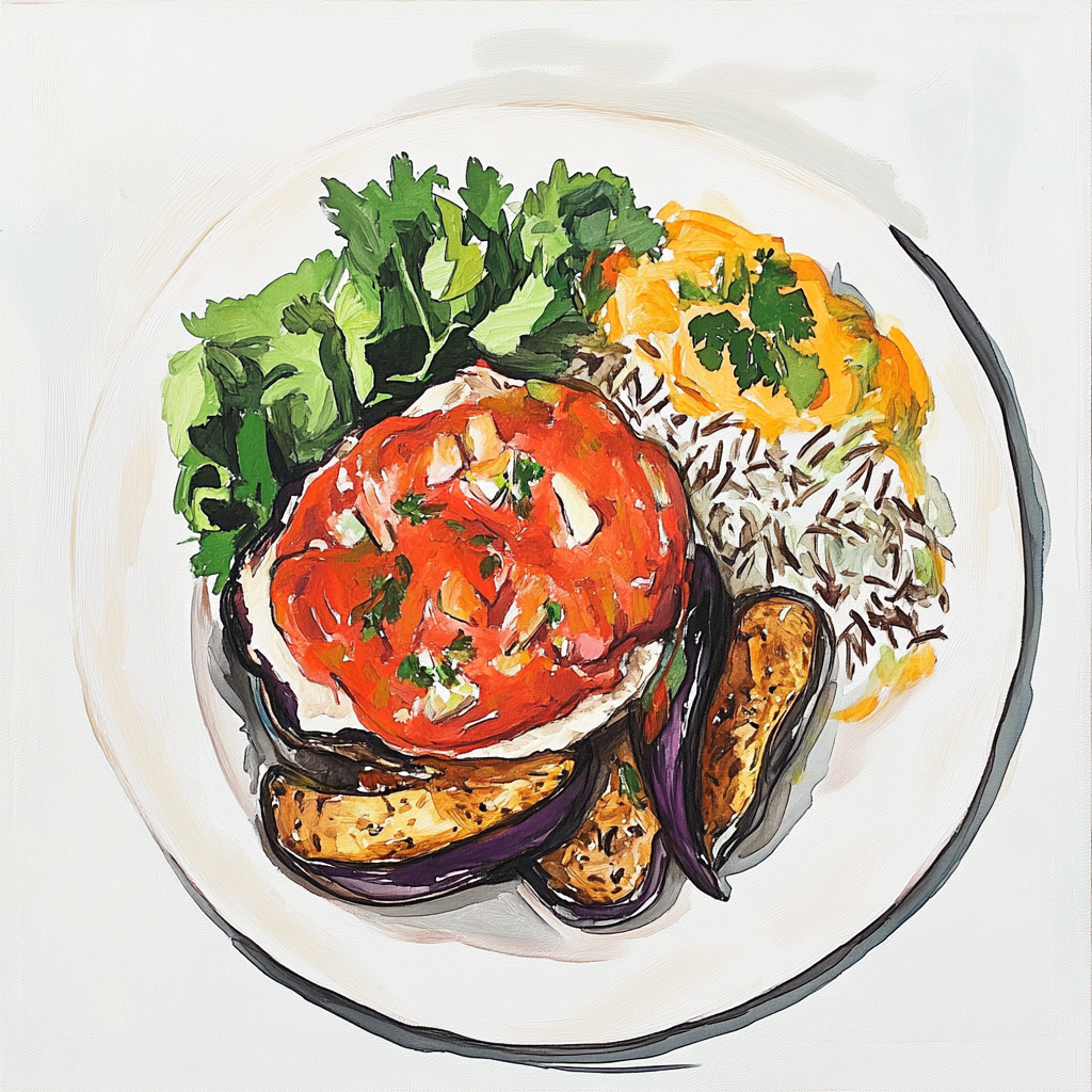 Hamburger vegan, sauce rouge au lait de coco, aubergines grillées, riz sauvage