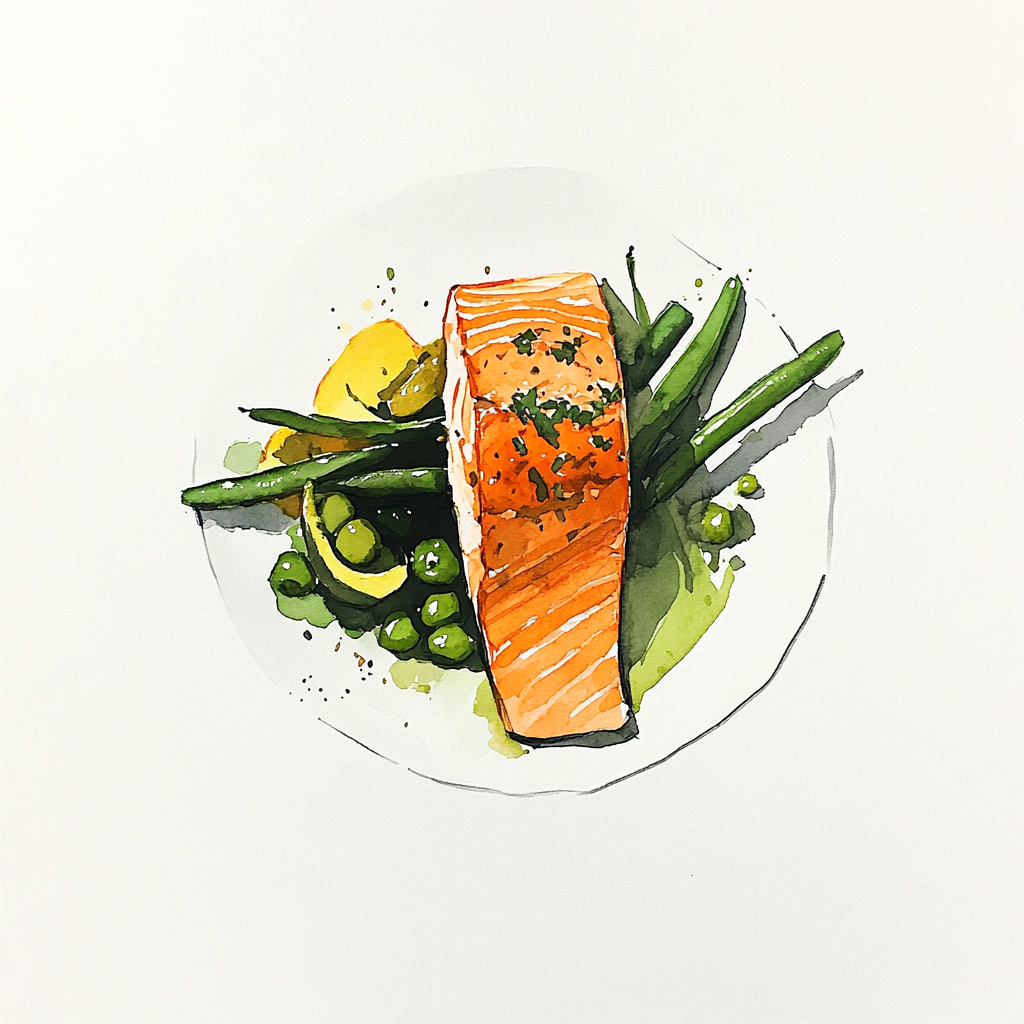Filet de saumon aux épices, mousseline aux câpres et citron vert, haricots verts et asperges vertes, quartiers de pommes de terre rôties. 