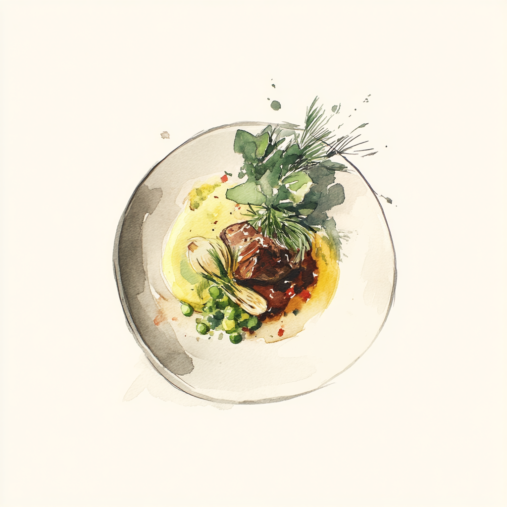 Stoofvlees chikka, gegrilde venkel en uien, puree met erwtjes. 