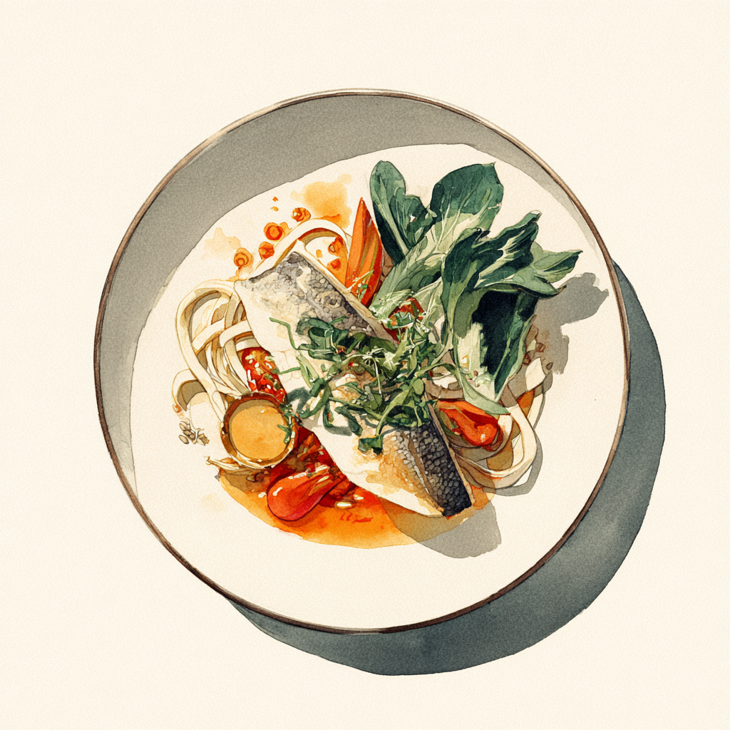 Étuvé de poisson aux légumes de saison et lait de coco, nouilles Udon aux épices.