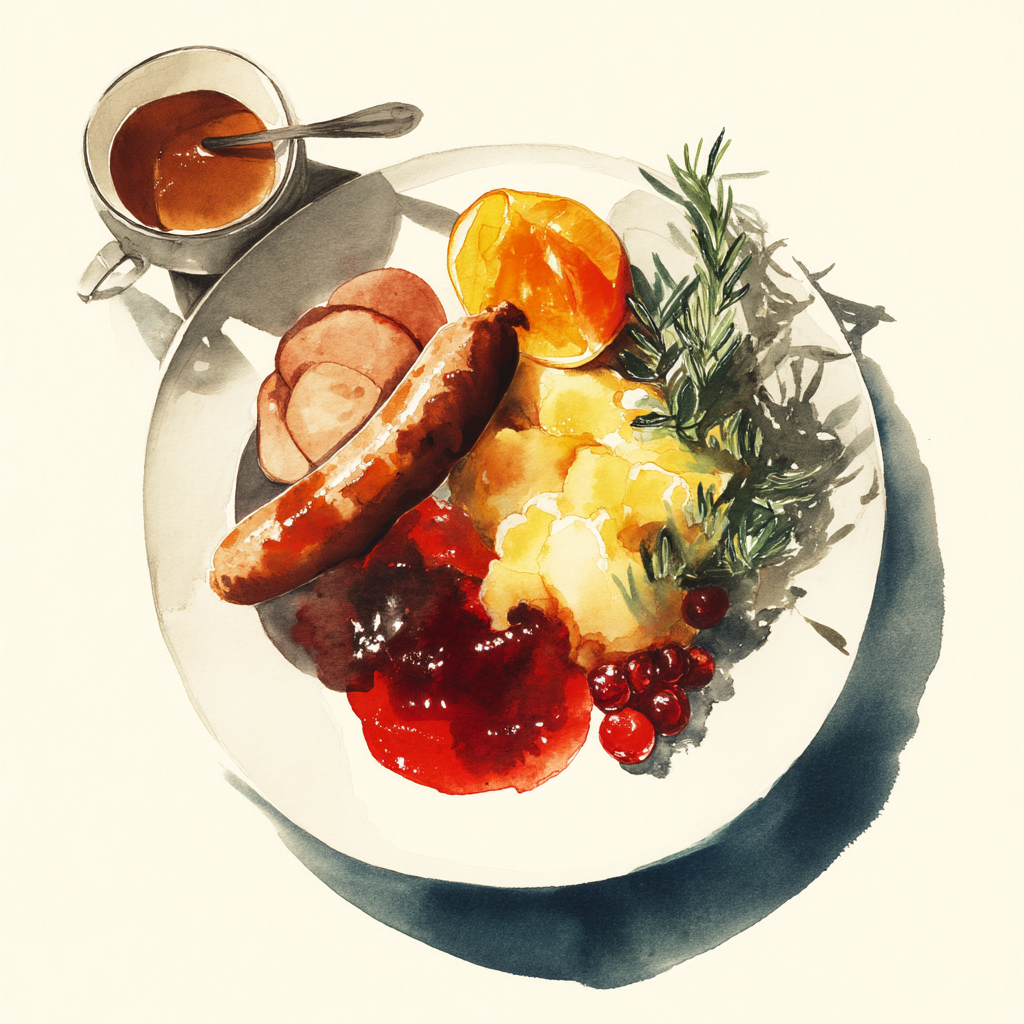 Saucisse de volaille, jus brun, compote de pommes et fruits rouges, purée de pommes de terre.