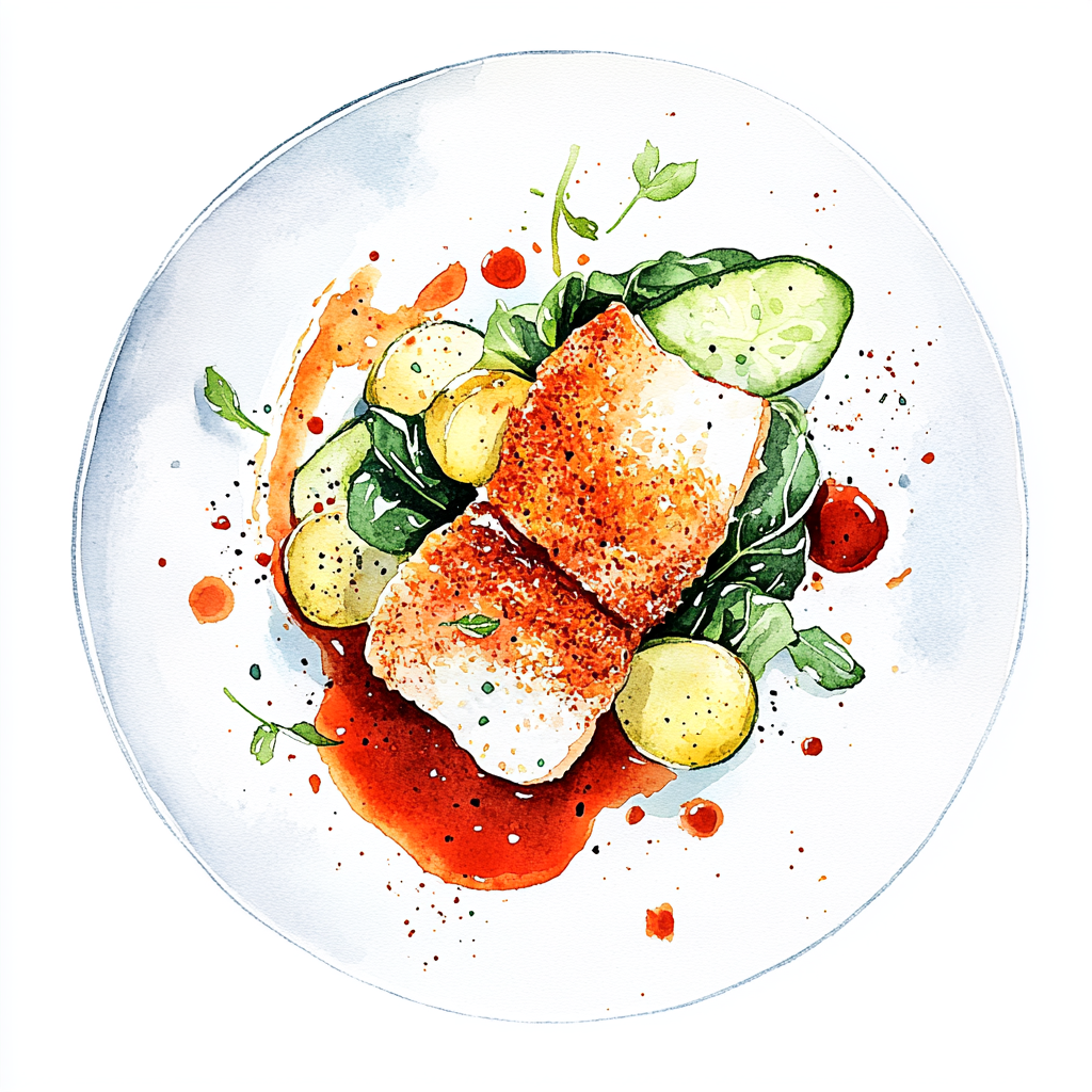 Cordon bleu de volaille, sauce emmental et parmigiano, courgettes grillées, jeunes pousses d’épinards, quartiers de pommes de terre aux épices.