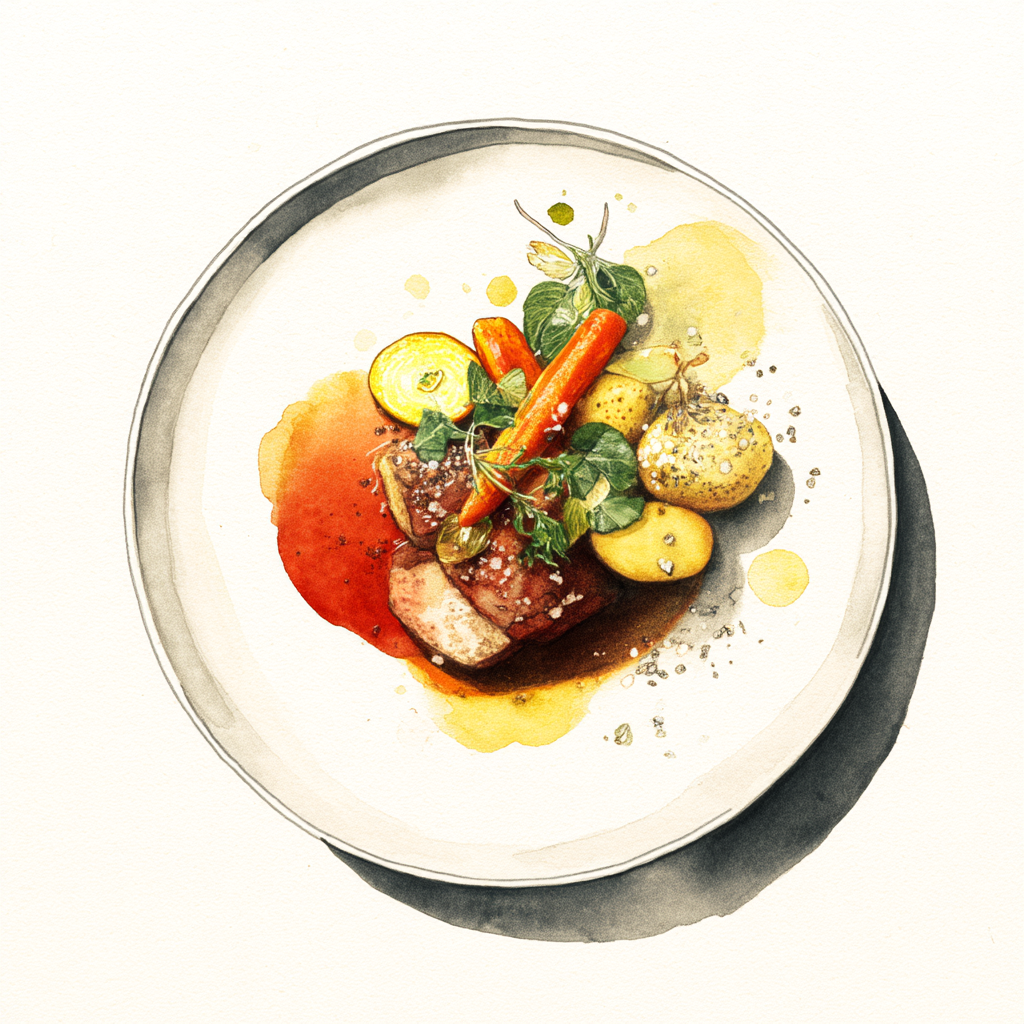 Navarin d’agneau, jeunes carottes et céleri, pommes de terre au gros sel et romarin.