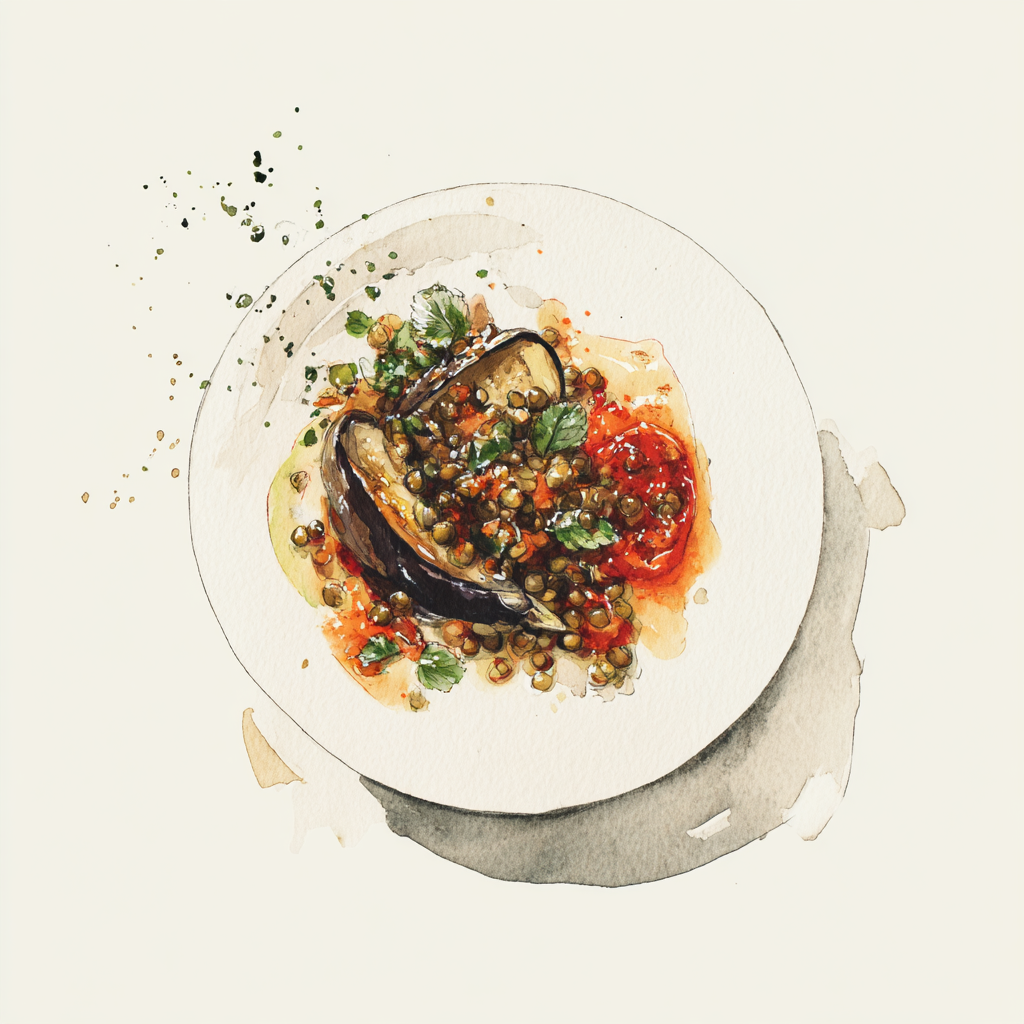 Aubergines à la parmigiana, lentilles aux herbes vertes