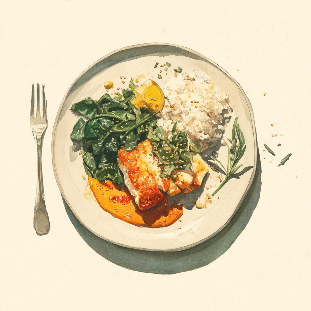  Filet de lingue en croûte d’épices, sauce tikka massala, épinards à l’échalote et au gingembre, riz basmati aux graines de sésame.