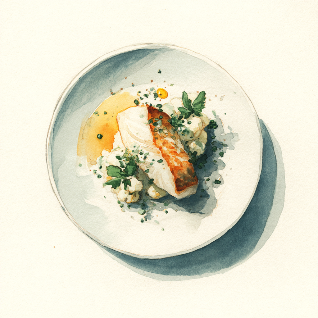 Filet d’aiglefin, crème cardamome au citron vert, chou fleur, purée de pommes de terre au persil plat.