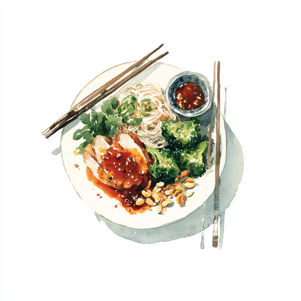 Haut de cuisse de poularde désossé, sauce au miso et cacahuètes, brocoli aux noix, nouilles udon.