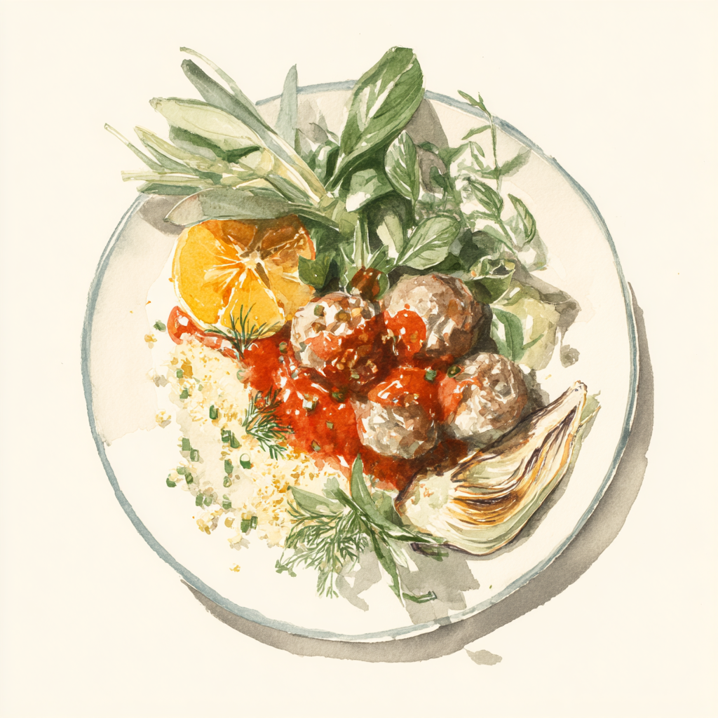  Balletjes lamsgehakt, tomatensaus met komijn, gegrilde venkel met sinaasappel, griesmeel met groene kruiden.