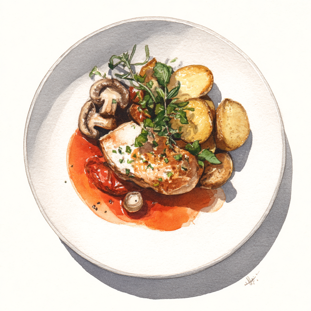 Poulet Marengo, champignons de Paris grillés au four au persil plat et à l’échalote, quartiers de pommes de terre aux épices.