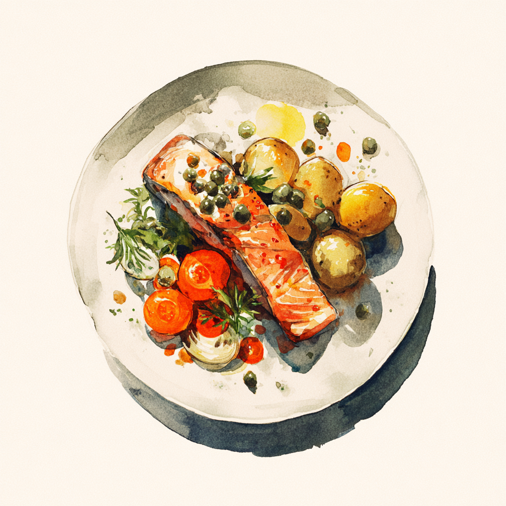 Darne de saumon grillée, mousseline aux câpres et citron vert, carottes et céleri à l’échalote, pommes de terre aux épices.