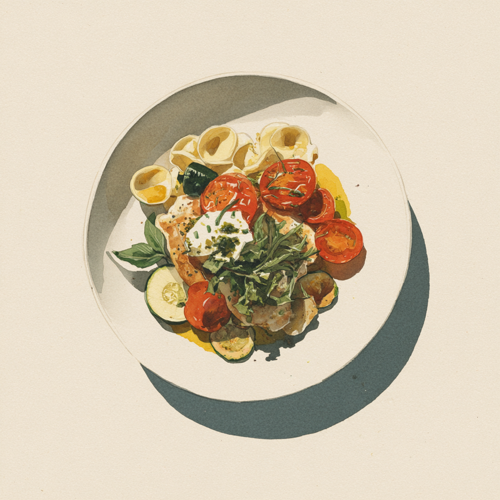 Suprême de poulet aux tomates et stracciatella, courgettes et oignons au four, orecchiette à l’huile au basilic.