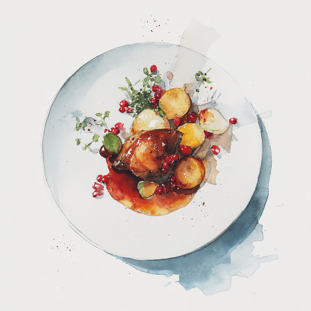 Haut de cuisse de coq désossée au vin, pomme aux airelles, pommes de terre aux épices ras el hanout.