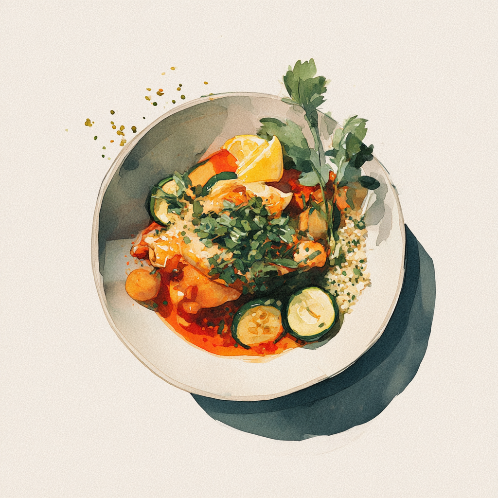 Tajine de poularde au citron, courgettes, coriandre et raisins, semoule aux herbes vertes.