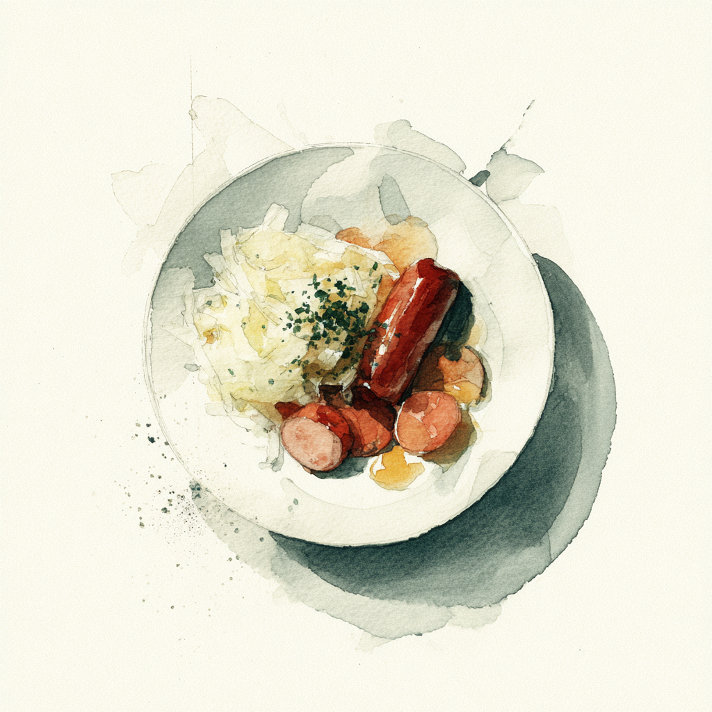 Gegarneerde zuurkool (kassler, frankfurter, kielbassa), aardappelpuree.