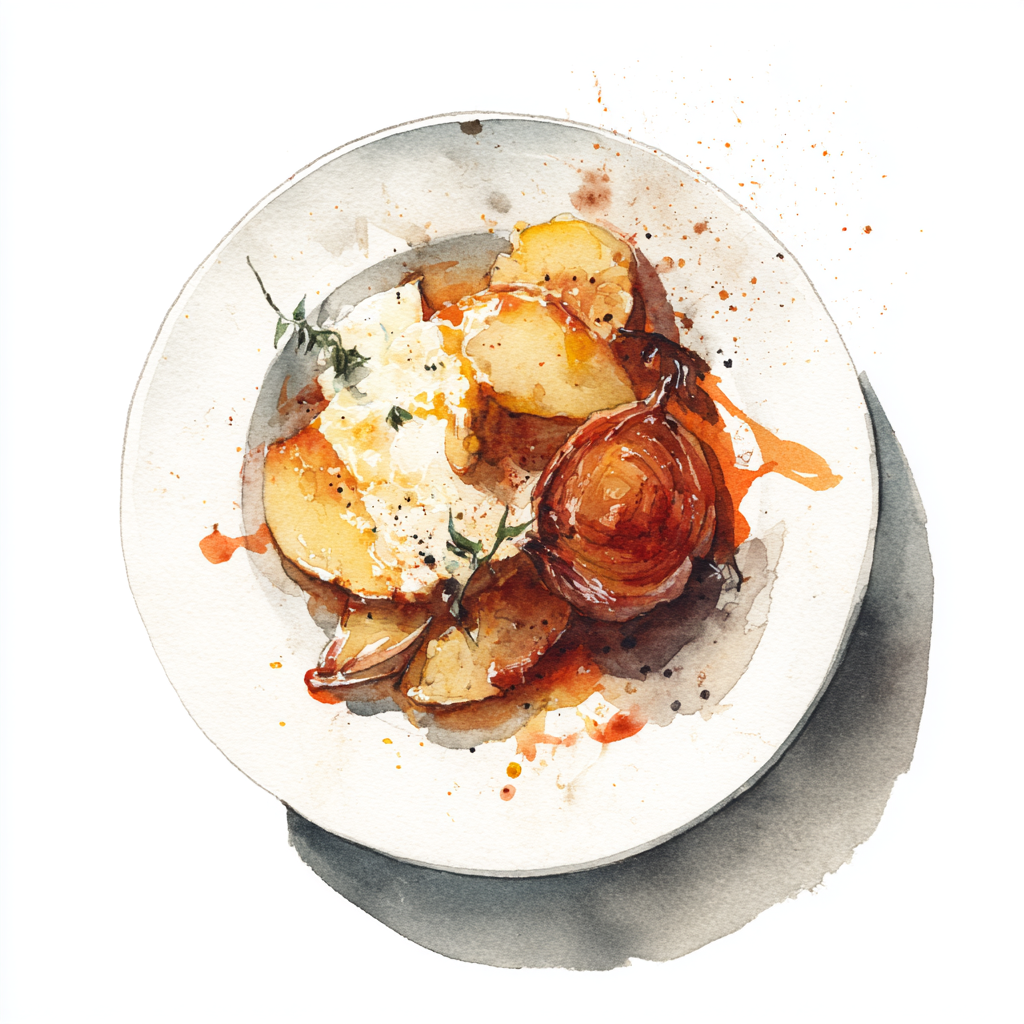 Tartiflette, oignon grillé au four.