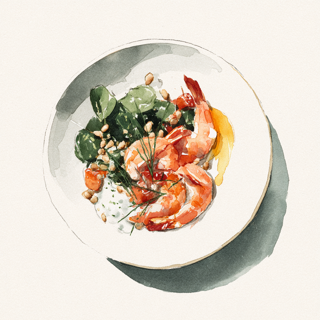 Scampis grillés aux herbes, dahl aux lentilles et légumes de saison.