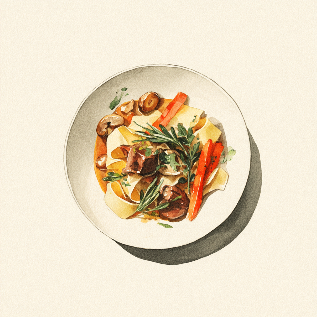 Ragoût de marcassin, sauce aux champignons de saison, carottes et panais au four, pappardelle.