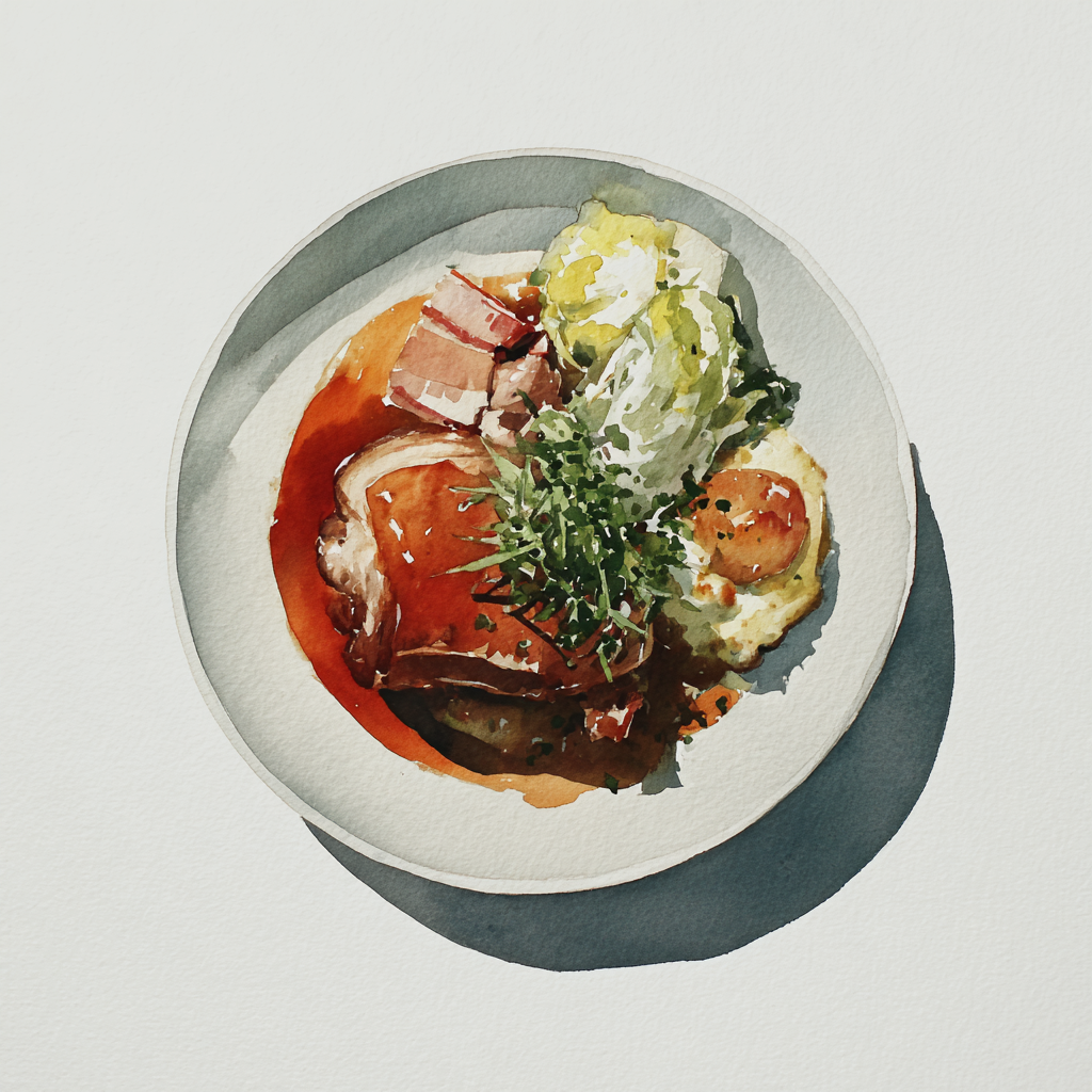 Petit jambonneau, jus brun à l’ail et au chili, choux aux lardons, polenta.