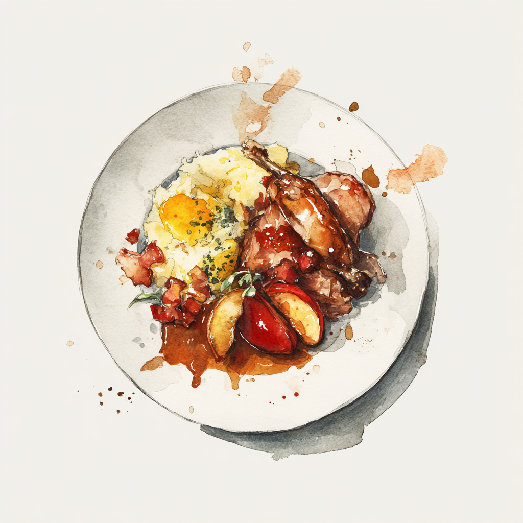 Cuisse de lapin, sauce brune, prune et poire caramélisées, purée de pommes de terre aux oignons grillés et lardons.