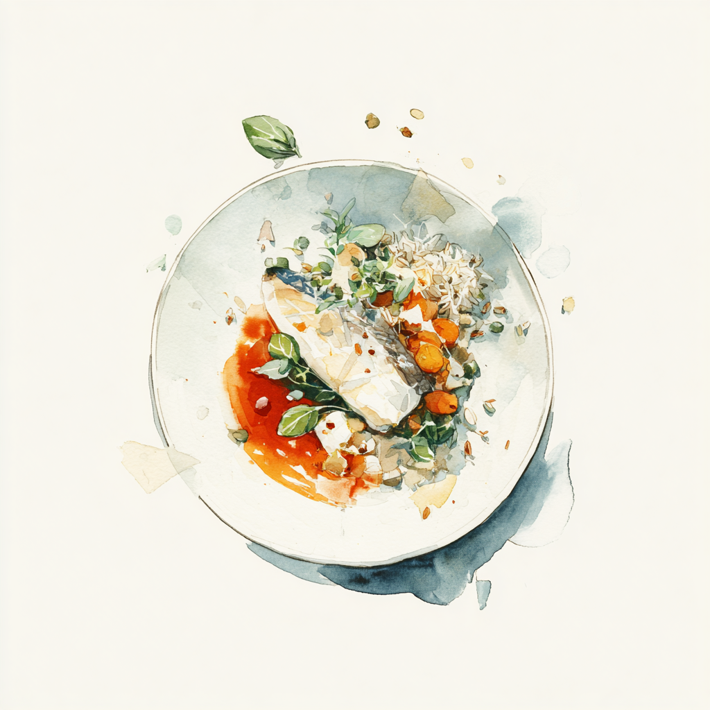 Filet de daurade, sauce rouge au lait de coco, carottes et céleri à l’huile au laurier et coriandre, riz complet au basilic, oignons et parmesan.