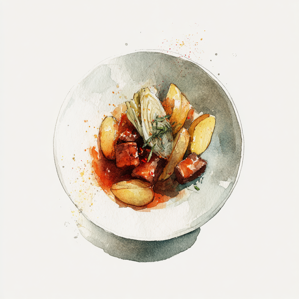 Carbonade de bœuf à la flamande,chicons et oignons au four, quartiers de pommes de terre aux épices.