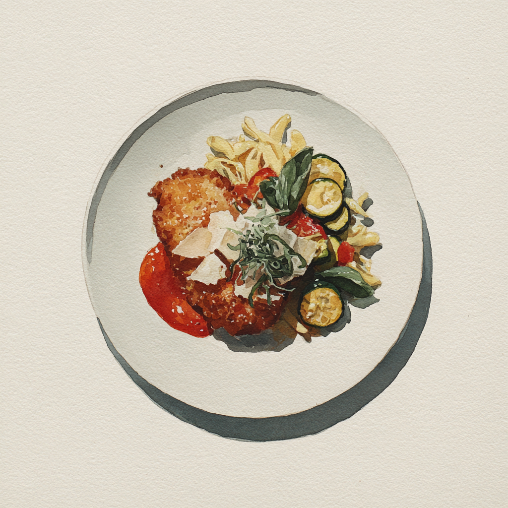 Escalope de dinde pané, sauce tomate, copeaux de parmesan, courgettes et poivrons au four, trofie