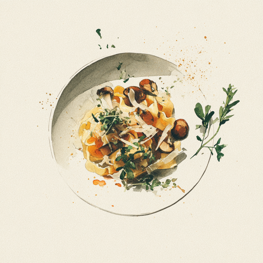 Mafalde, sauce tartufata, champignons des bois au four, oignons, parmesan. 