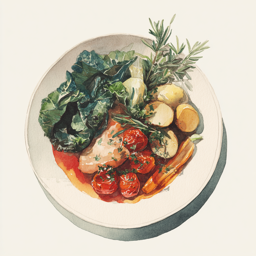Mijoté de poularde aux tomates, carottes et romarin, chou blanc et kale braisé, pommes de terre rôties aux thym.