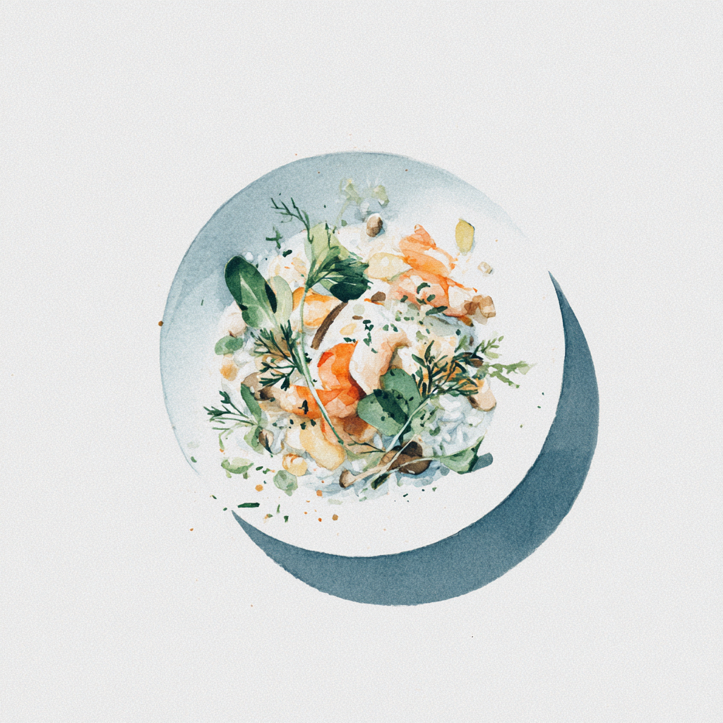 Scampis, risotto de sarrasin aux champignons des bois, chicons, oignons et herbes vertes. 