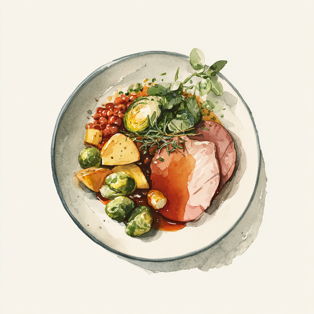 Jambon désossé, jus brun, pot au feu de lentilles, choux de Bruxelles et pommes de terre.