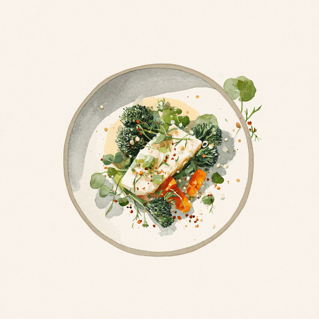 Filet de colin aux épices, sauce au lait de coco, brocoli et carottes à l’échalote, couscous perlé aux herbes vertes