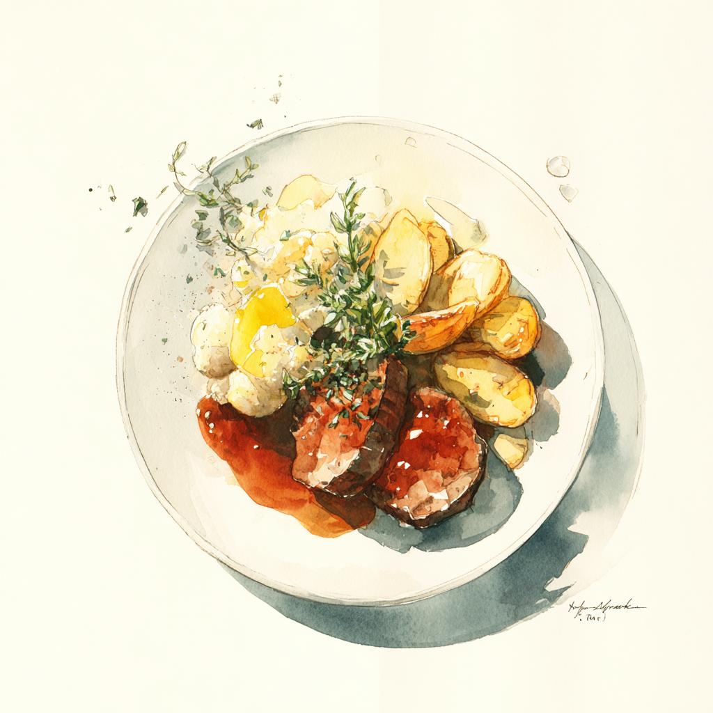 Pain de viande, jus brun au thym frais, chou-fleur en béchamel, quartiers de pommes de terre.