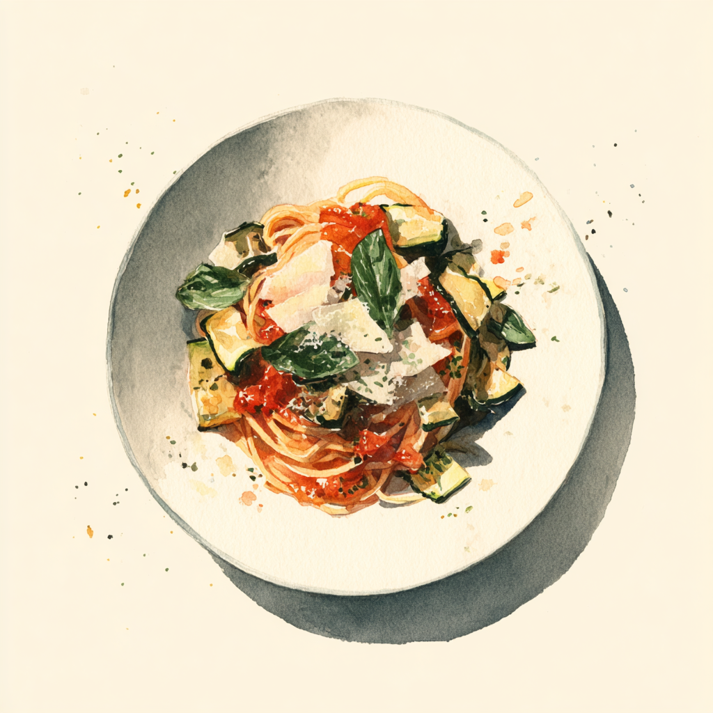 Spaghetti alla puttanesca, courgettes grillées, copeaux de parmesan.