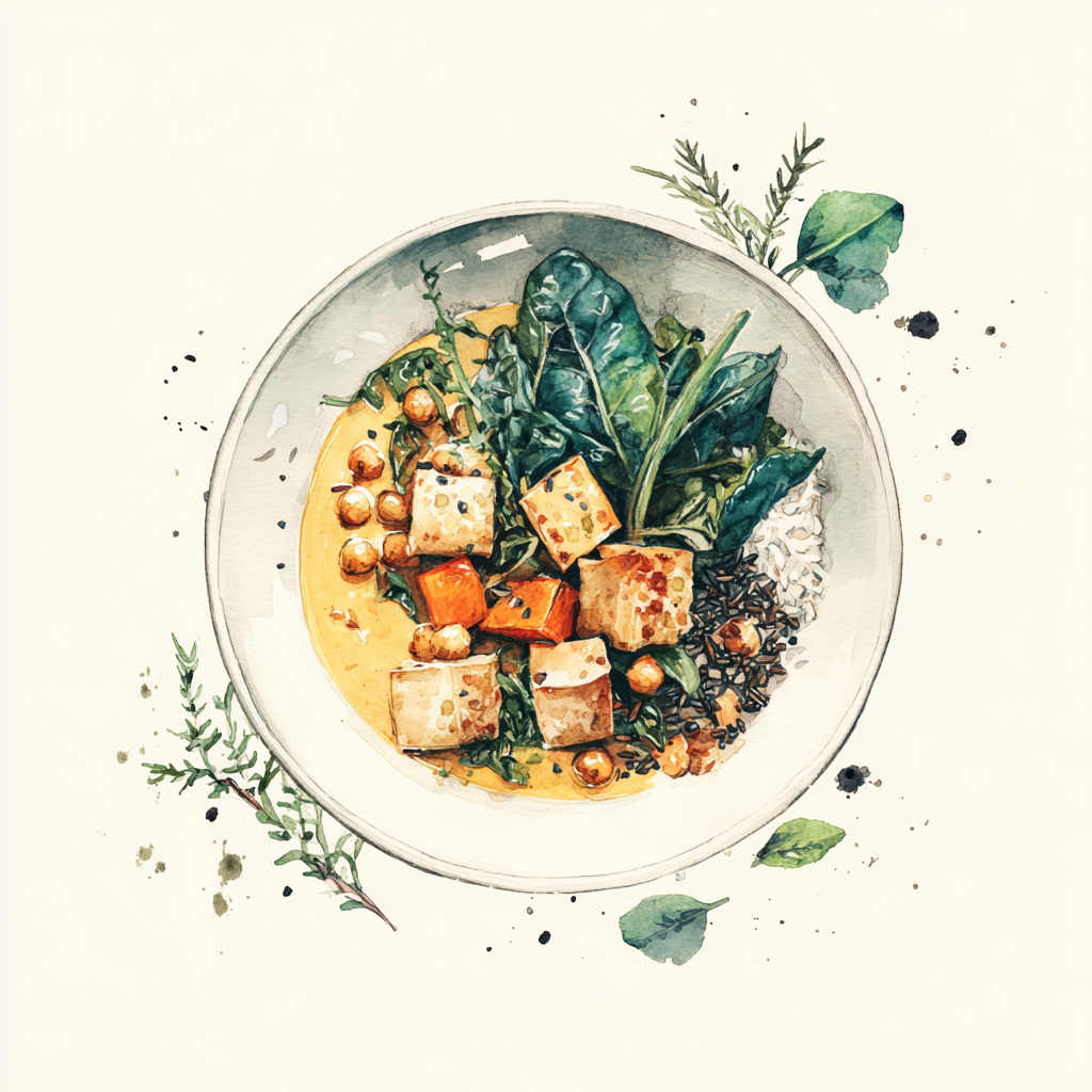 Curry de légumes, pois chiches, lentilles, épinards, dés de tofu grillé, riz sauvage