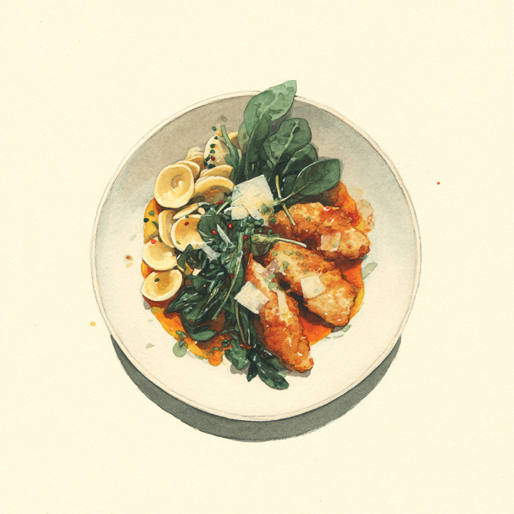 Chicken tenders, sauce aux chicons, épinards sautés, orecchiette au parmesan.