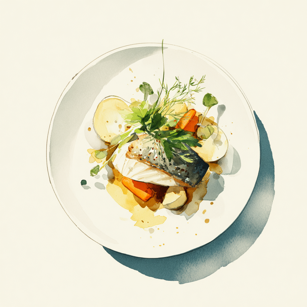 Filet de daurade en croûte d’épices, sauce à l’estragon, carottes et céleri vert, pommes de terre au persil plat.