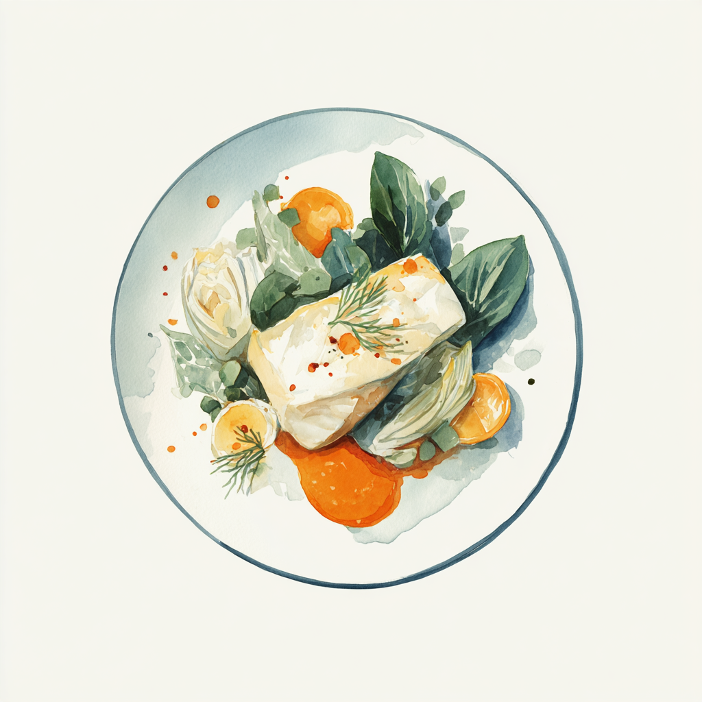 Filet de colin aux épices, sauce au feuilles de citron, chicons braisés et oignons, purée de carottes raz el hanout.