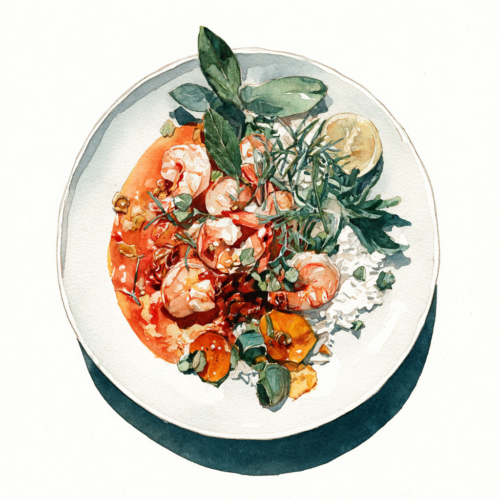 Scampis, sauce au curry rouge, poireaux, potiron et carottes au four, riz basmati.